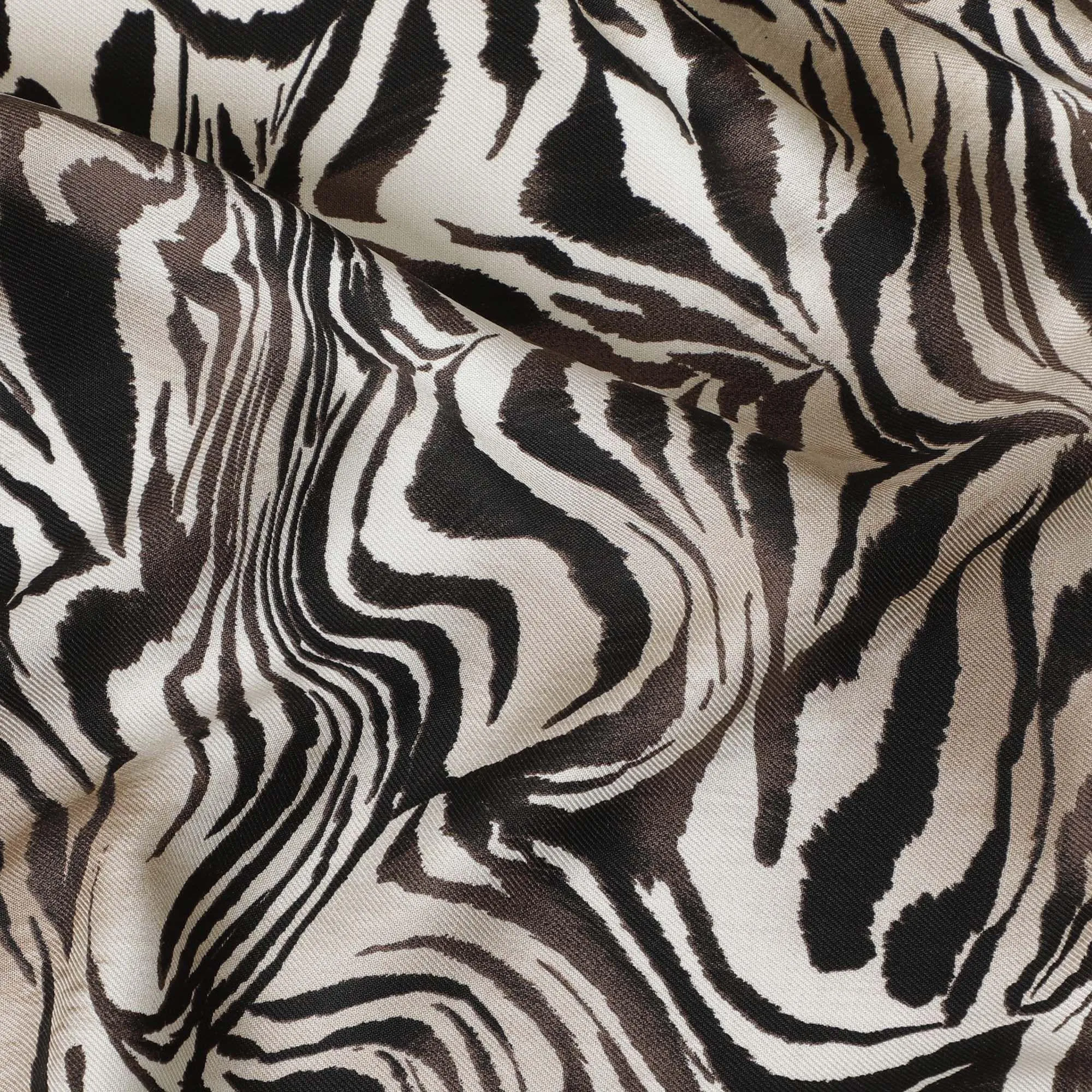 White viscose twill printed fabric with brown prints in animal skin design-D11177