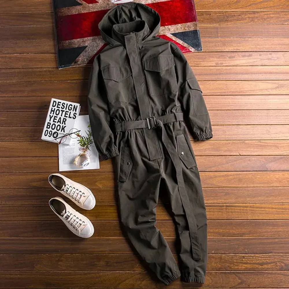 Wiaofellas  -  Spring And Autumn New Hip-Hop Retro Workwear Jumpsuit Mens Casual Loose Long-Sleeved Khaki Hooded Jumpsuit Suit For Men