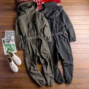 Wiaofellas  -  Spring And Autumn New Hip-Hop Retro Workwear Jumpsuit Mens Casual Loose Long-Sleeved Khaki Hooded Jumpsuit Suit For Men