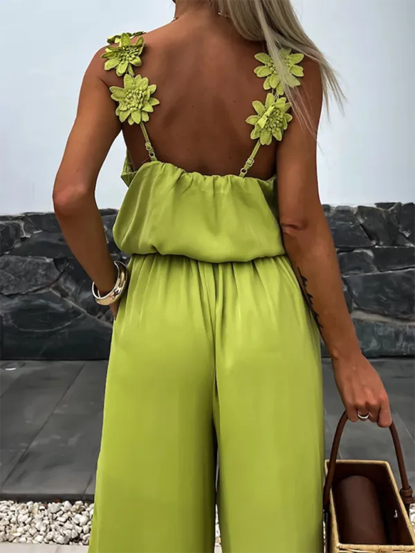 Wide-Leg Cami Blouson Jumpsuit with Floral Applique