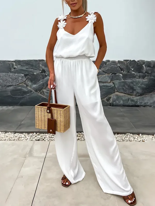 Wide-Leg Cami Blouson Jumpsuit with Floral Applique