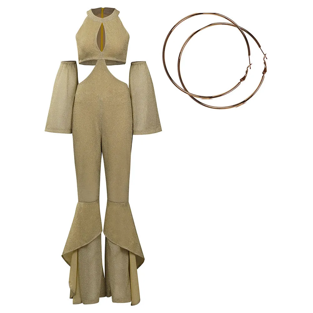 Women 1970s Retro Vintage Disco Jumpsuit Flares Pants Outfits Halloween Carnival Suit