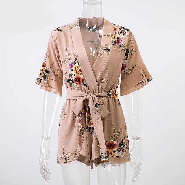 Women Boho Floral Print V Neck Jumpsuit