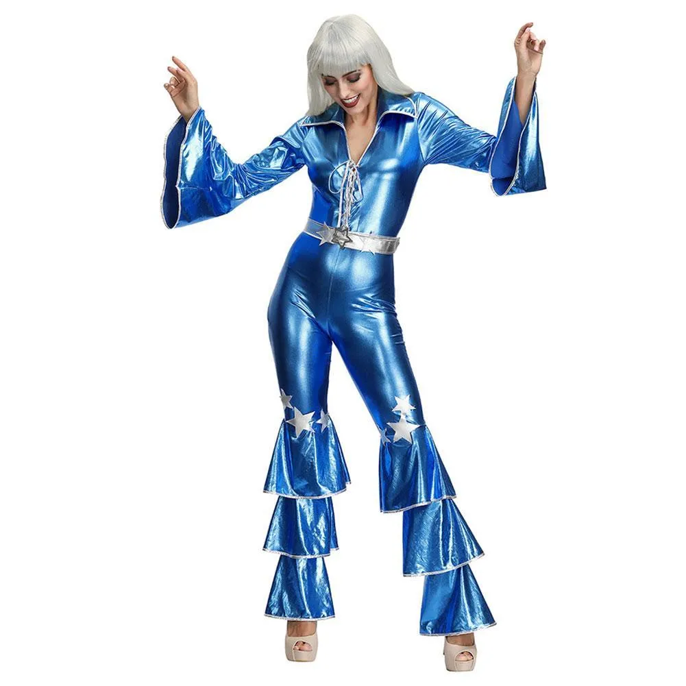 Women Halloween Costume Blue Onesies Retro 70s Disco Show Nightclubs Singer Costumes