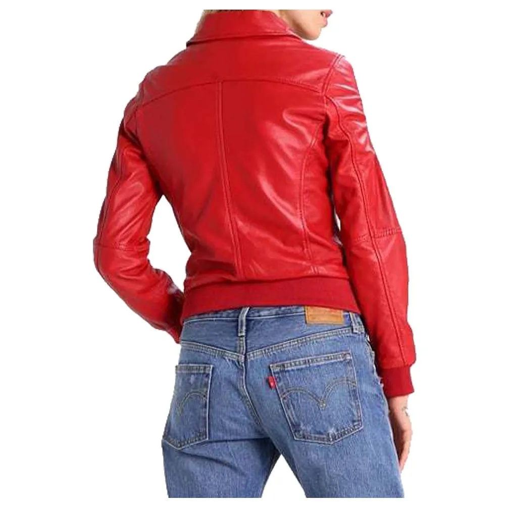 Women Red Bomber Slim Fit Leather Jacket