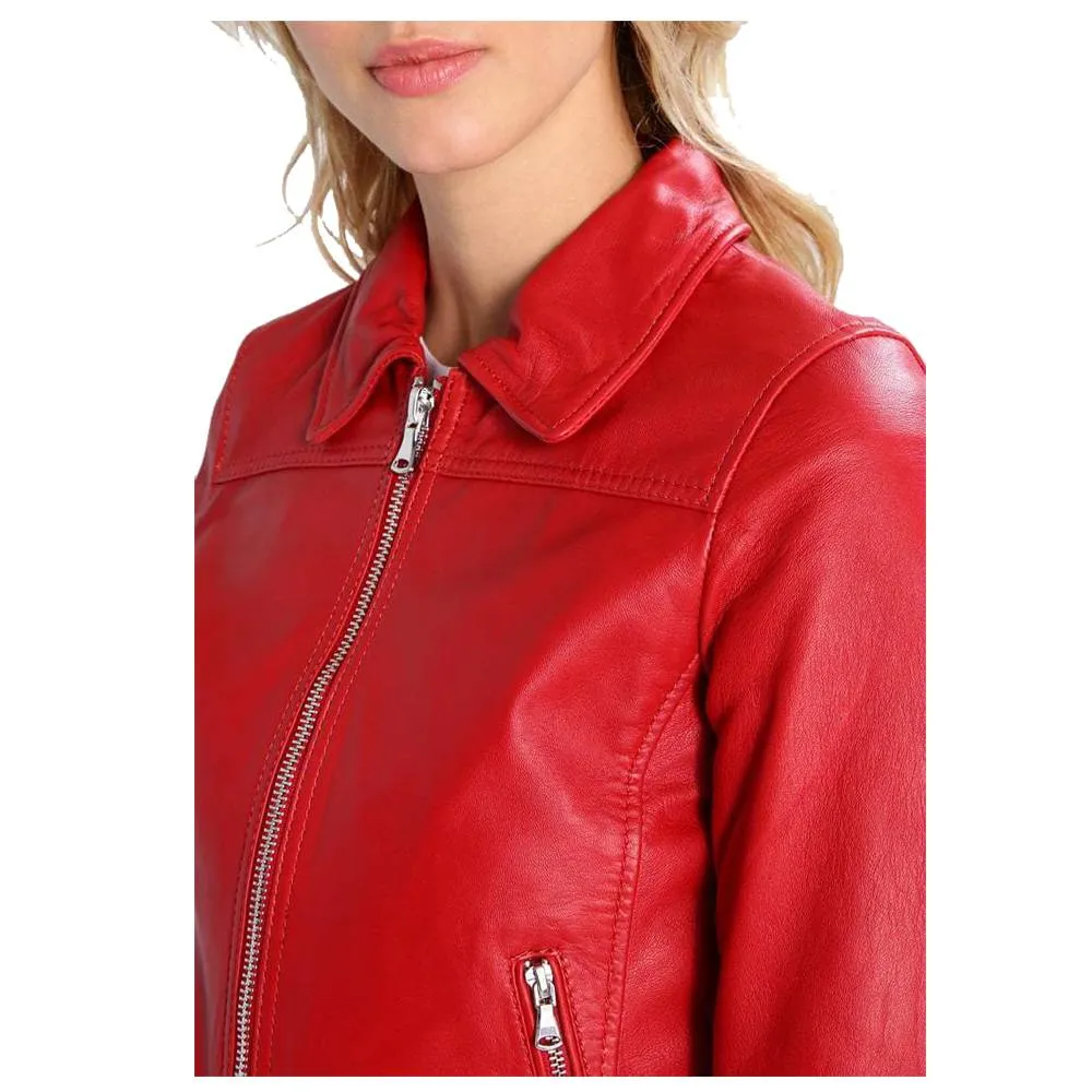 Women Red Bomber Slim Fit Leather Jacket