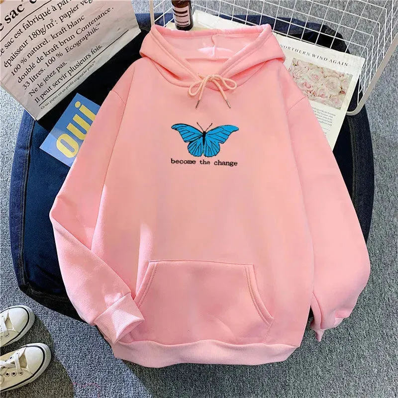 Women Single Butterfly Autumn And Winter Loose Hoodie Pullover sweatshirt