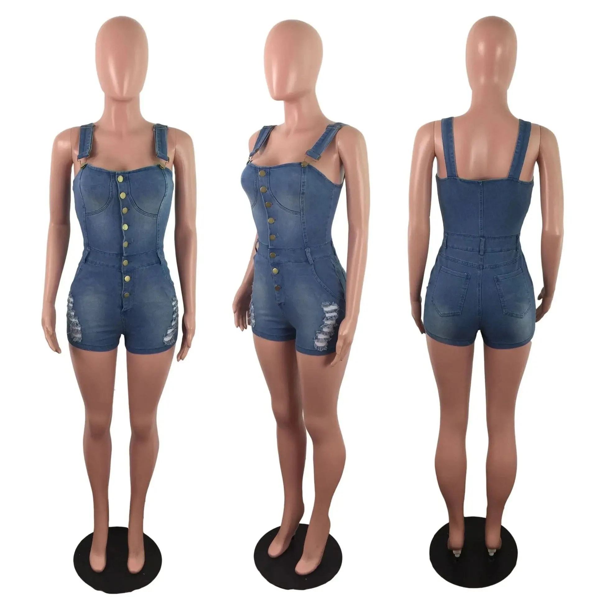 Women  Thin Strap Buttoned Distress Sleeveless Pocket Design Streetwear Denim Romper cotton linenpattern type