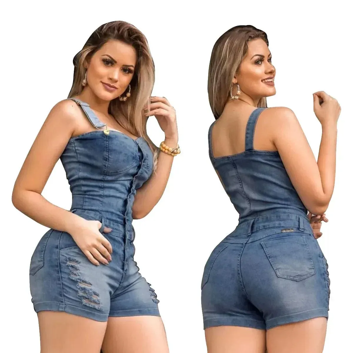 Women  Thin Strap Buttoned Distress Sleeveless Pocket Design Streetwear Denim Romper cotton linenpattern type