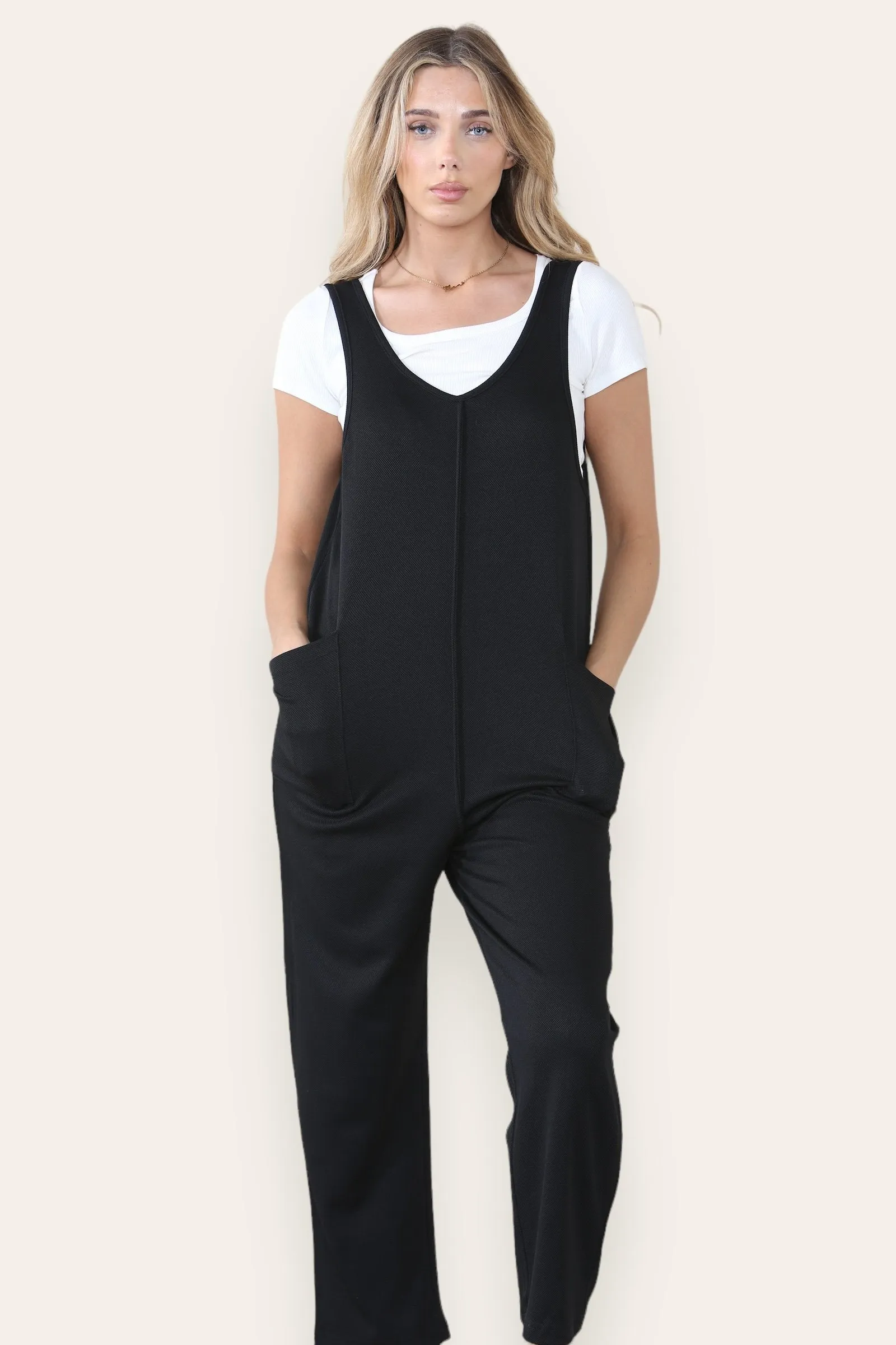 Women's Athleisure Plain V Neck Sleeveless Side Pocket Baggy Jumpsuit