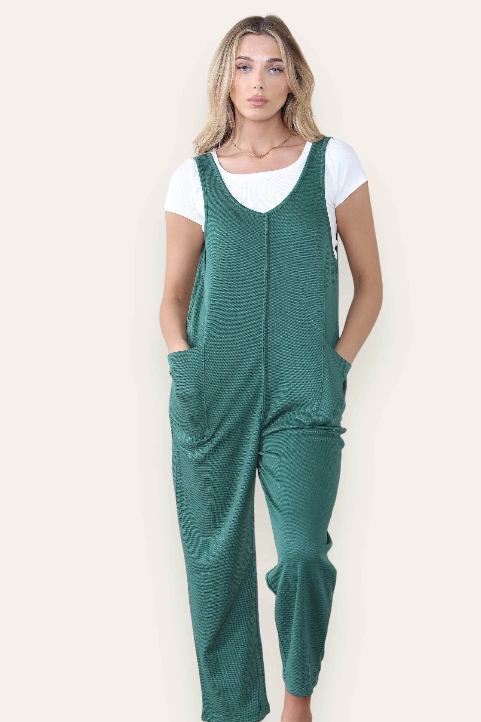 Women's Athleisure Plain V Neck Sleeveless Side Pocket Baggy Jumpsuit