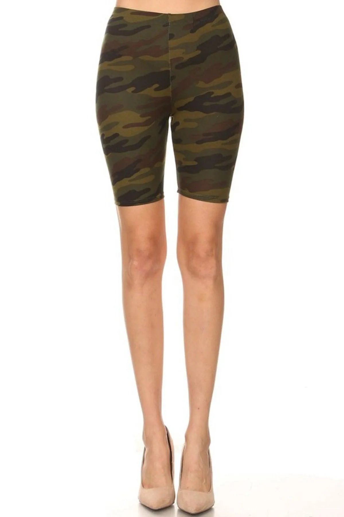 Women's Checkered Camo Print Biker Shorts with Elastic Waistband