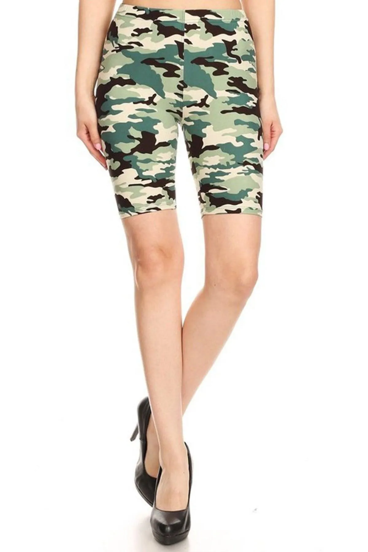 Women's Checkered Camo Print Biker Shorts with Elastic Waistband