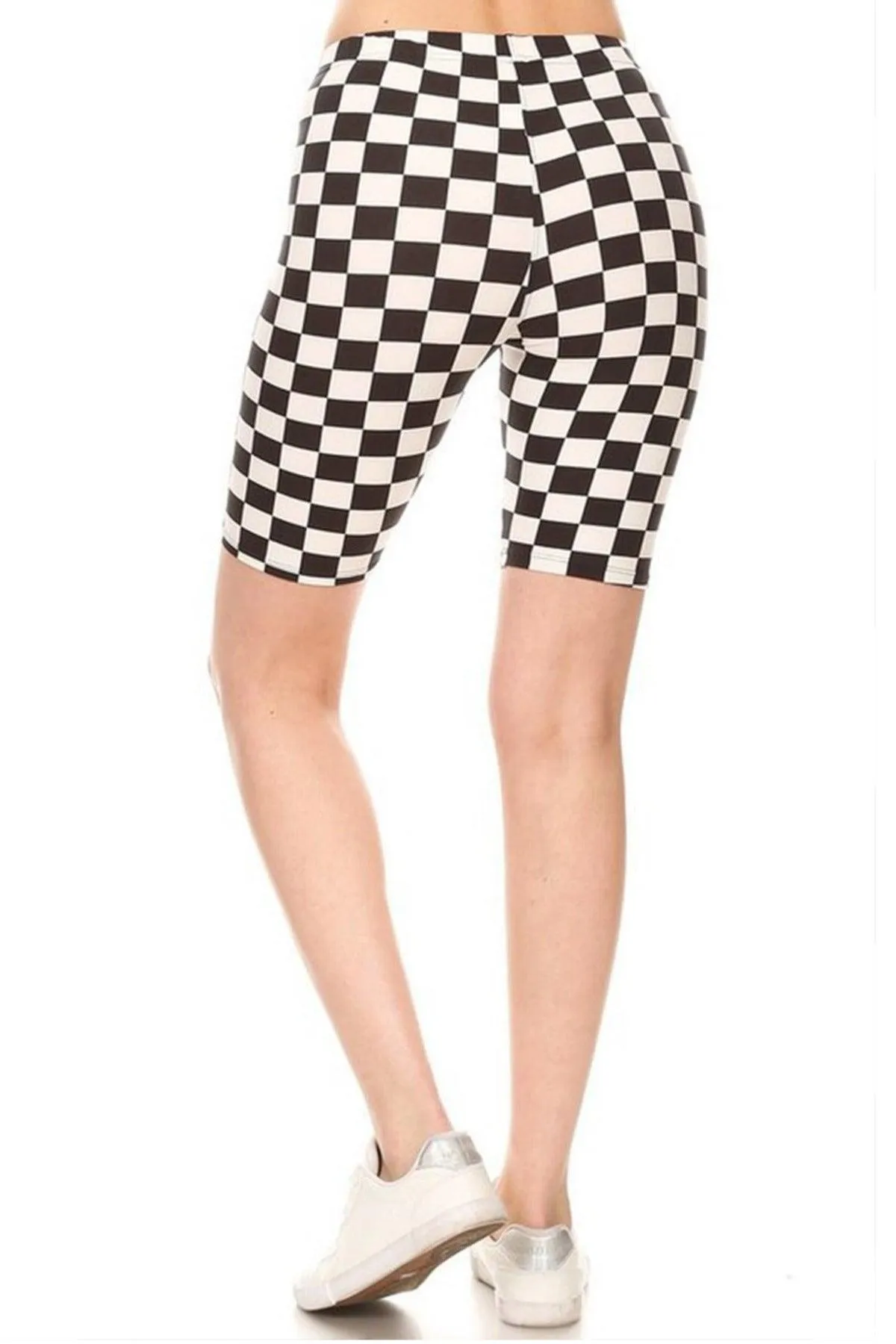 Women's Checkered Camo Print Biker Shorts with Elastic Waistband