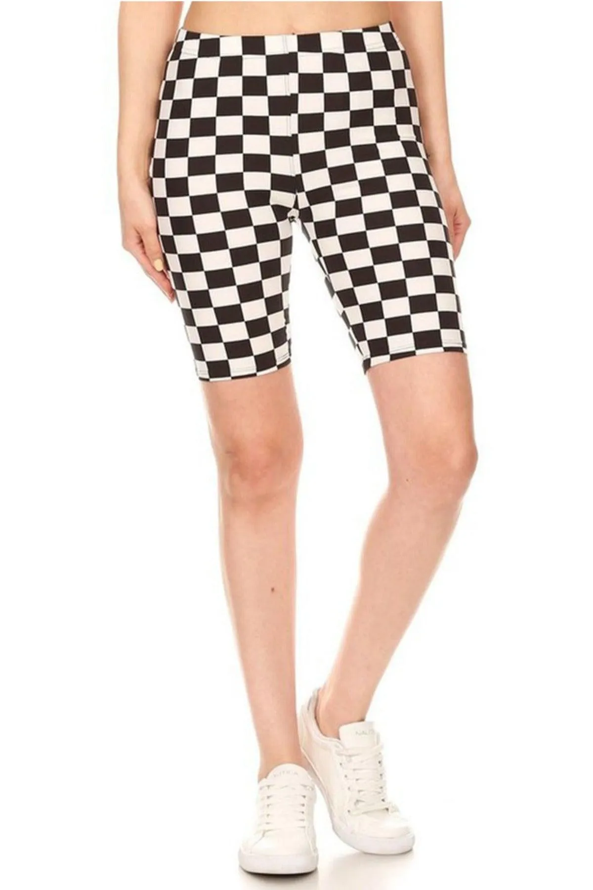 Women's Checkered Camo Print Biker Shorts with Elastic Waistband