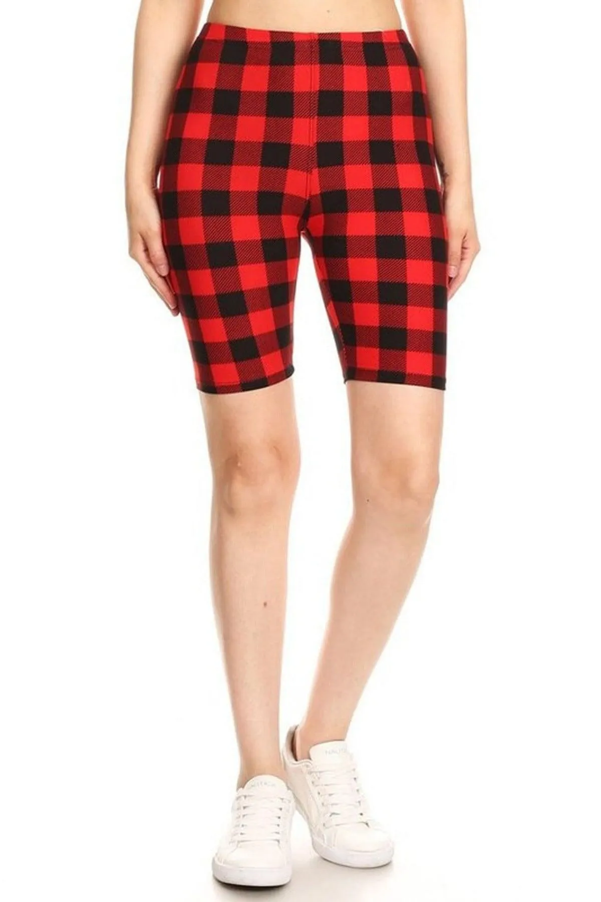 Women's Checkered Camo Print Biker Shorts with Elastic Waistband