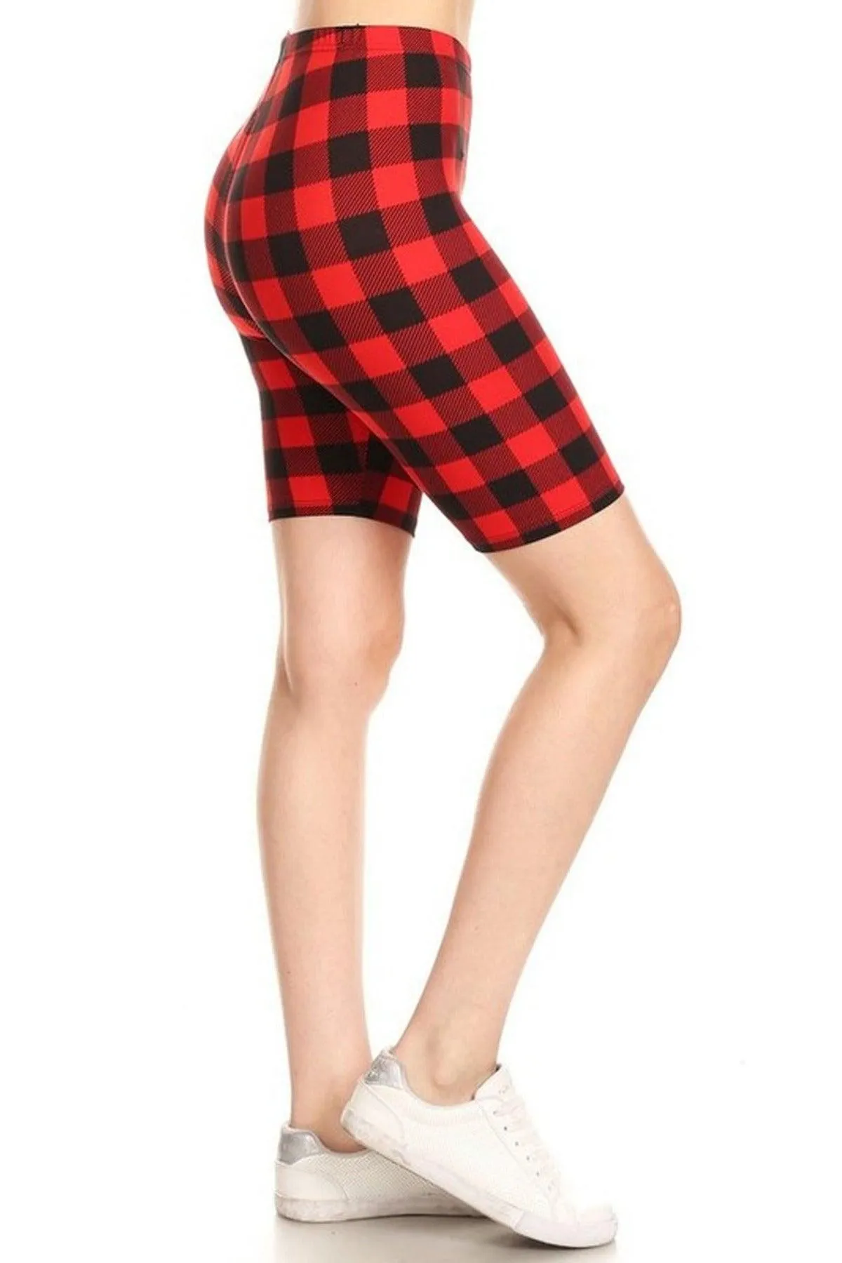 Women's Checkered Camo Print Biker Shorts with Elastic Waistband