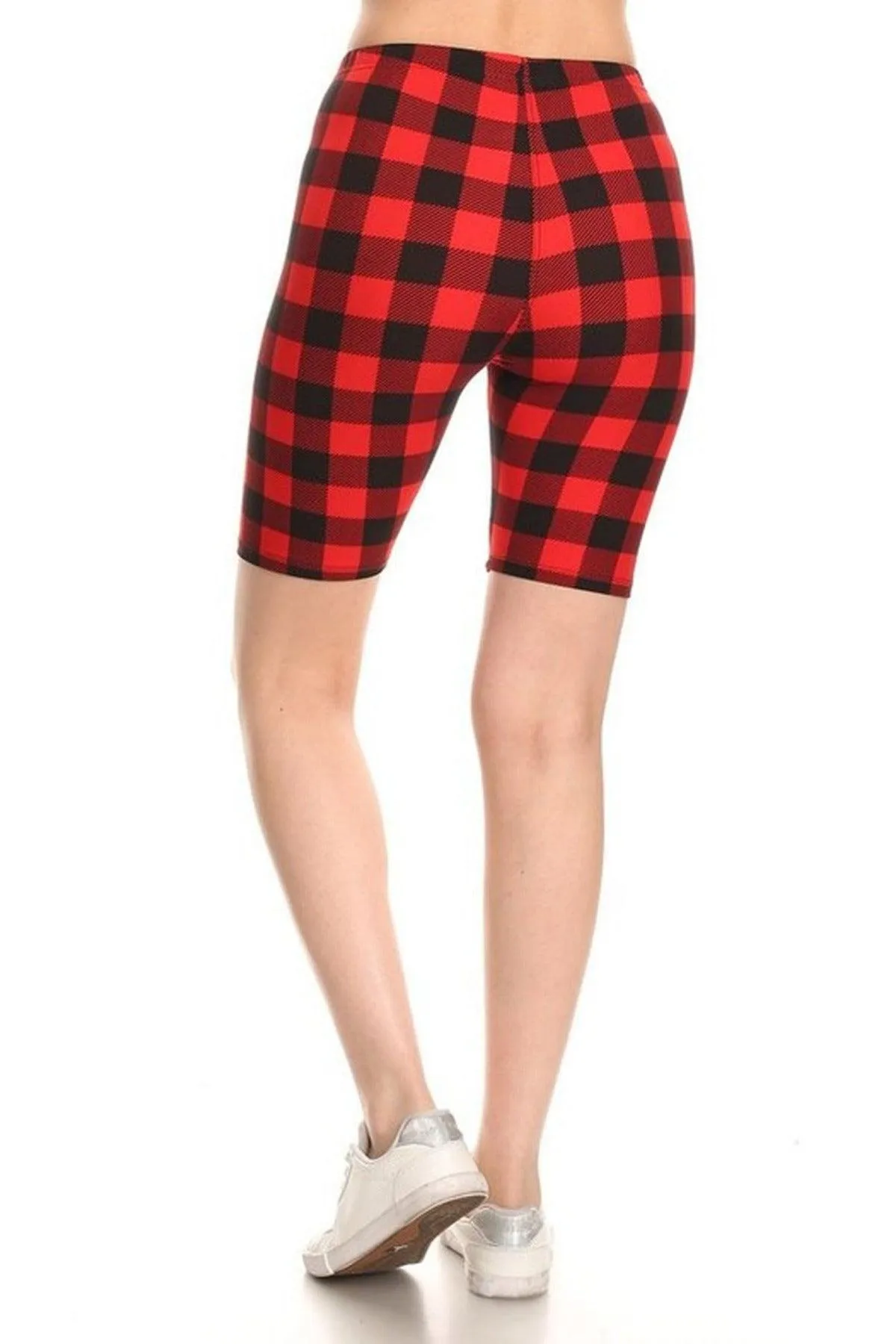 Women's Checkered Camo Print Biker Shorts with Elastic Waistband