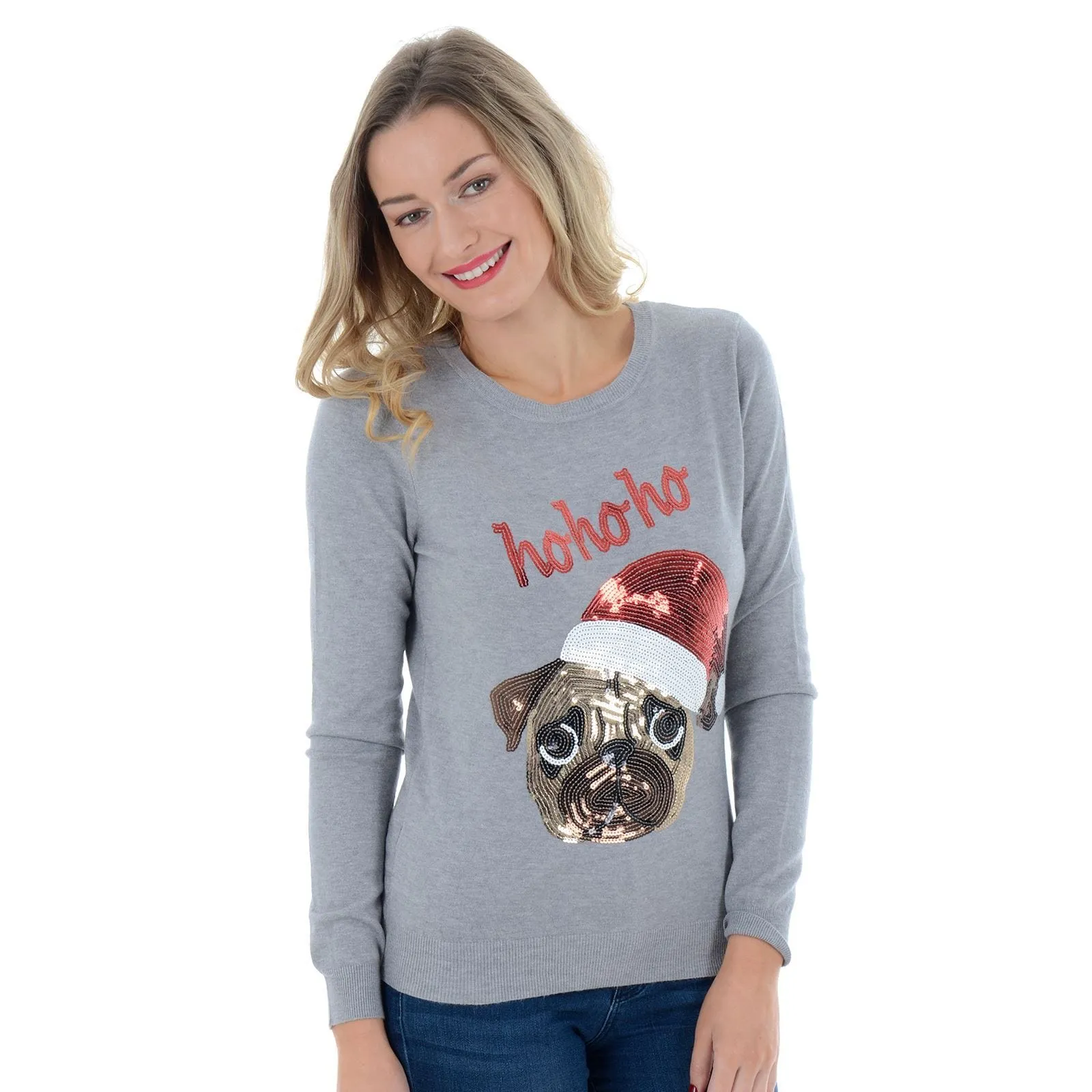 Womens Novelty Sequin Santa Pug HO HO HO Christmas Jumper