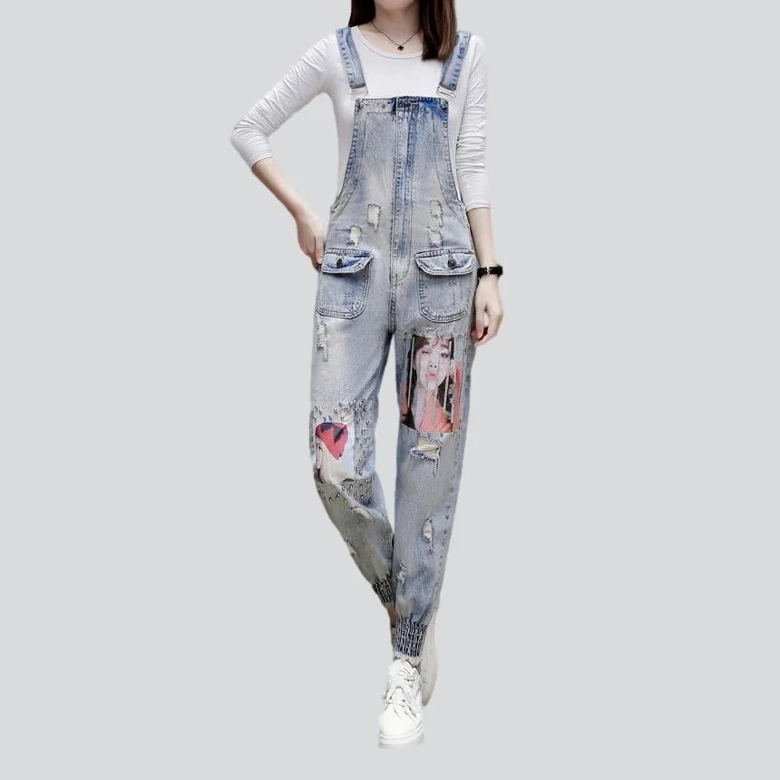 Women's paintings print denim jumpsuit