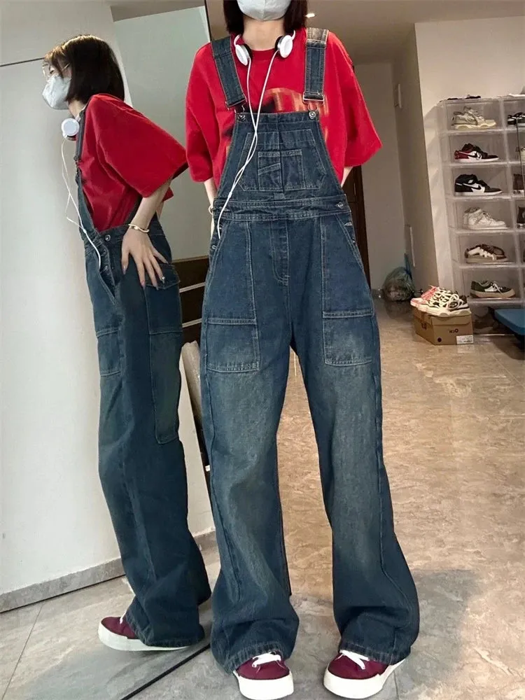 Women's Vintage Suspender Jumpsuit Wide Leg Pants Young Girl Academic Style Rompers Female Retro Casual Straight Denim Trouser