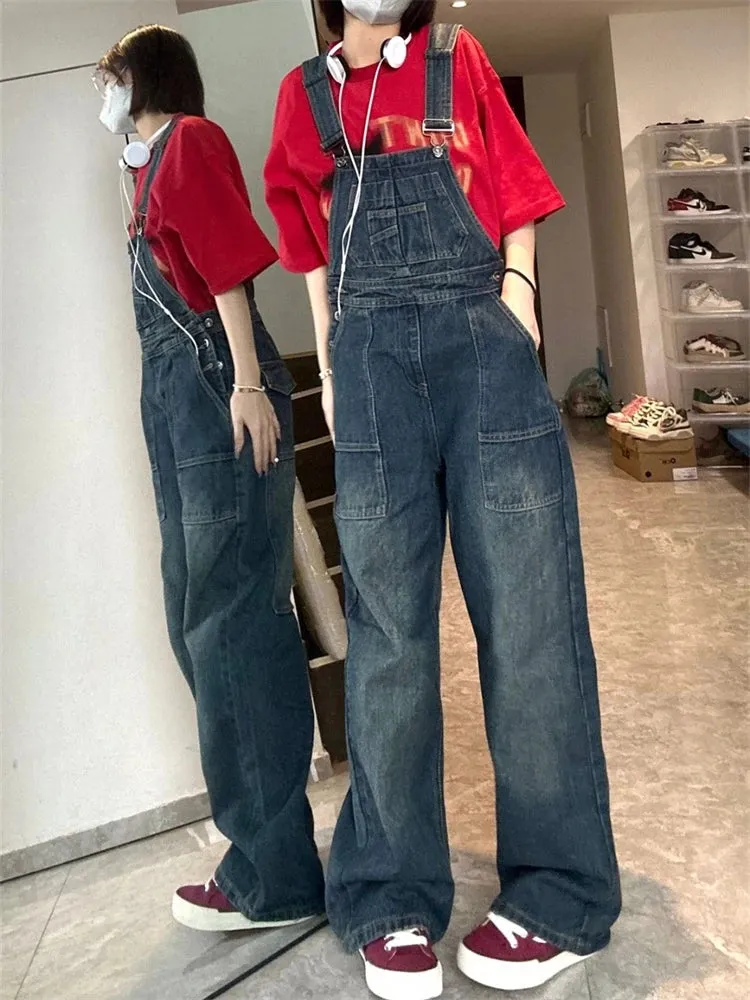 Women's Vintage Suspender Jumpsuit Wide Leg Pants Young Girl Academic Style Rompers Female Retro Casual Straight Denim Trouser