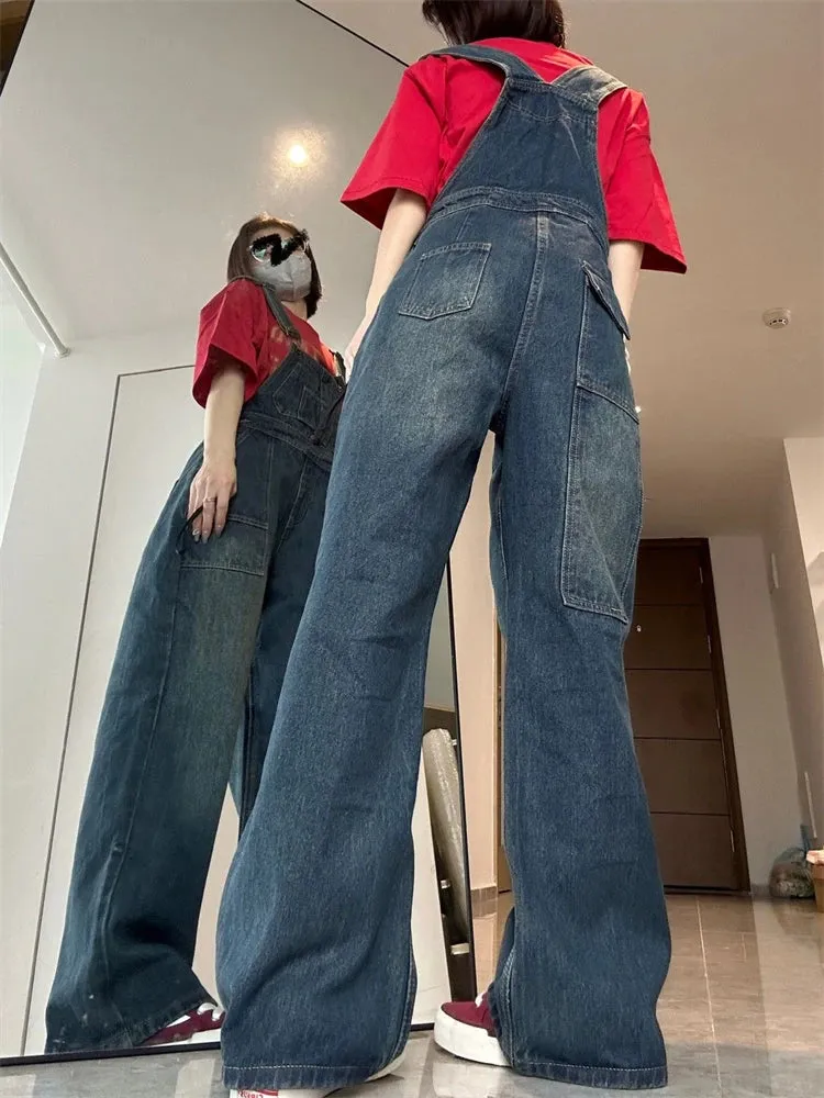 Women's Vintage Suspender Jumpsuit Wide Leg Pants Young Girl Academic Style Rompers Female Retro Casual Straight Denim Trouser