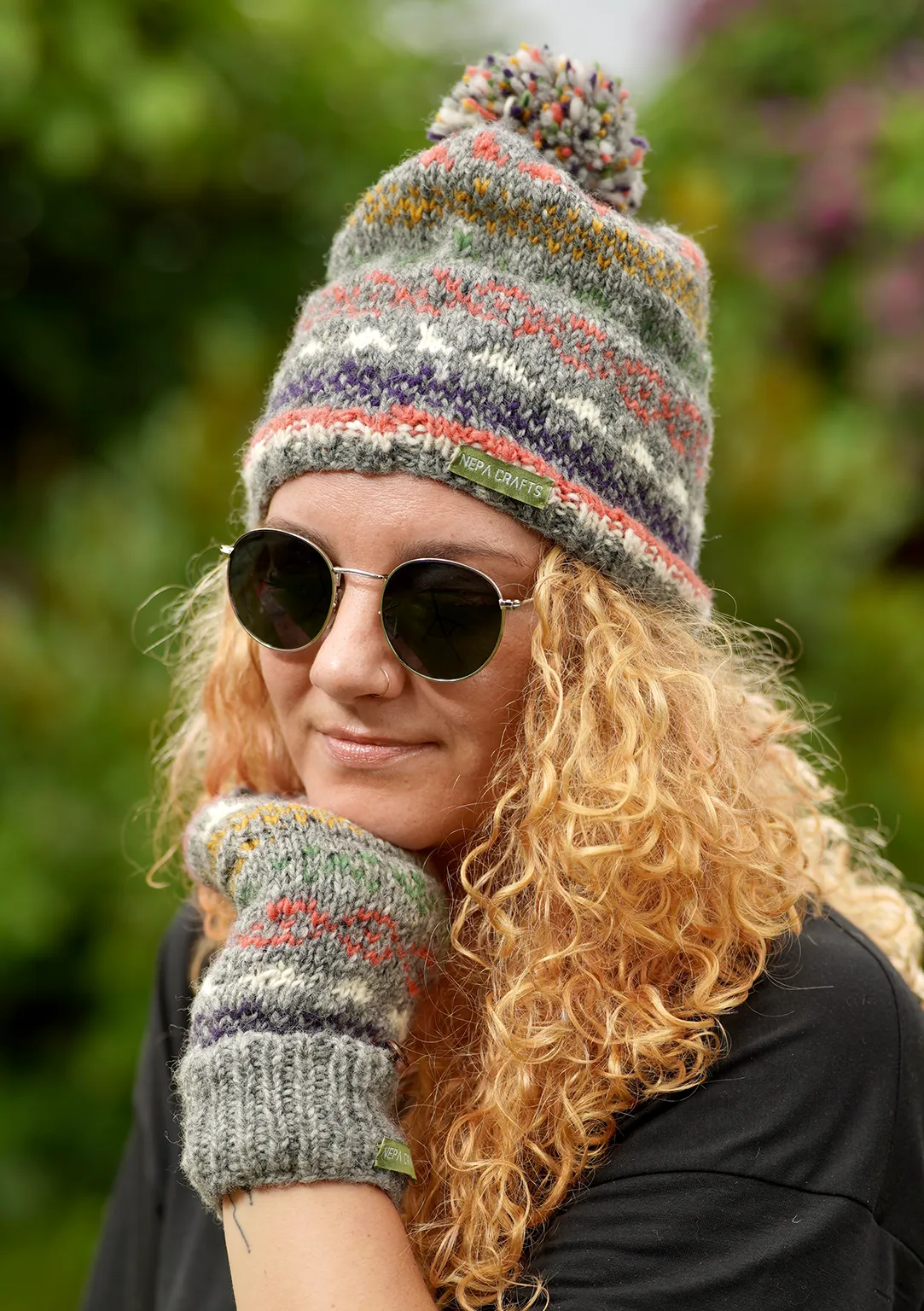 Woolen  Grey Multicolored Sherpa Pom Pom Beanie