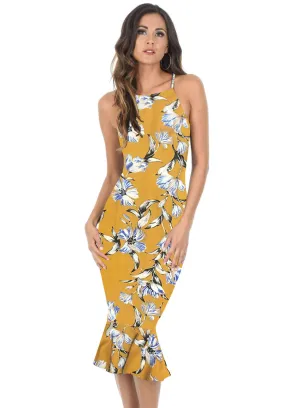 Yellow Floral Bodycon Midi Dress With Frill Hem