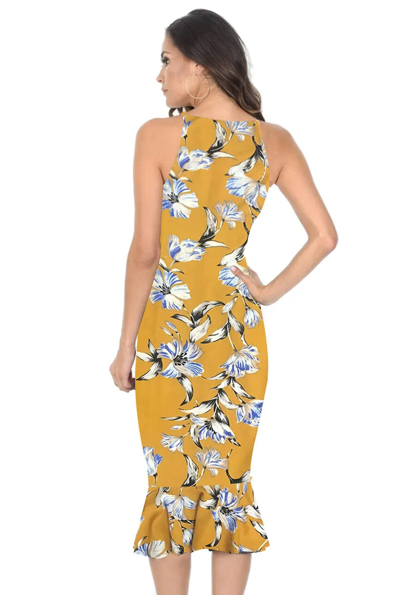 Yellow Floral Bodycon Midi Dress With Frill Hem