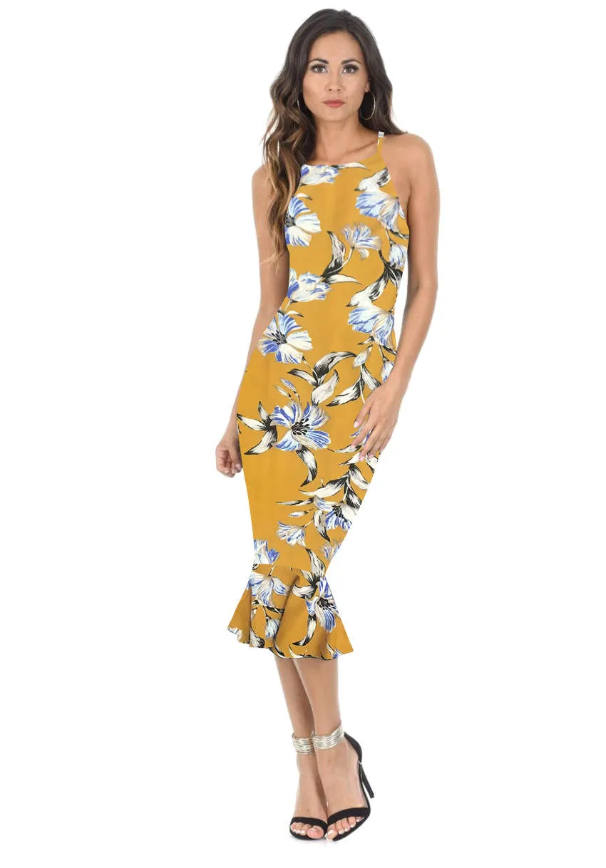 Yellow Floral Bodycon Midi Dress With Frill Hem