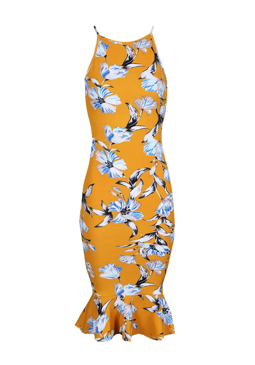 Yellow Floral Bodycon Midi Dress With Frill Hem